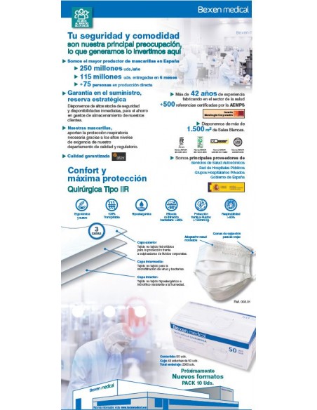 MASCARILLA BEXEN QUIRÚRGICA TIPO IIR pack 50 uds - Made in spain